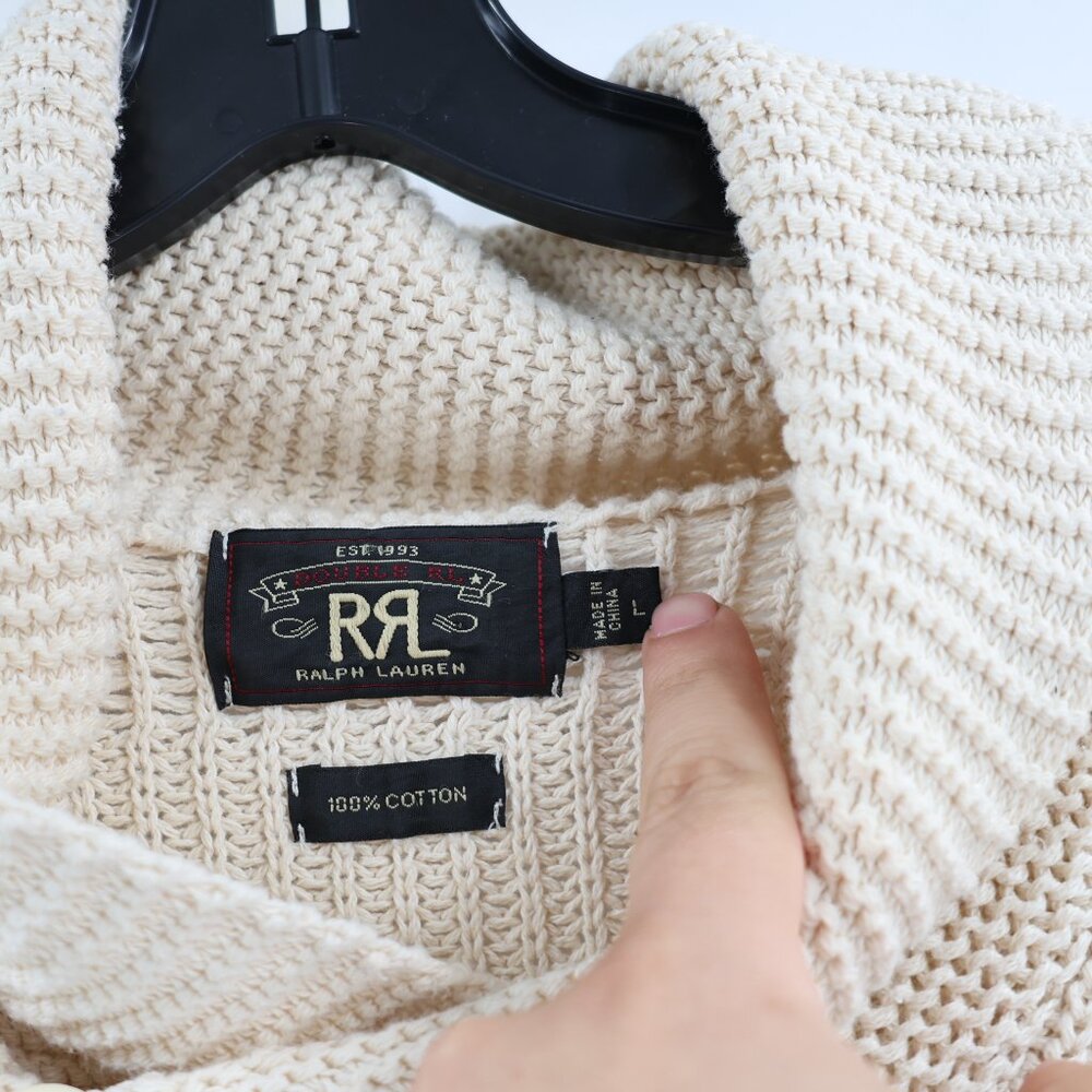 RRL Ralph Lauren sweater mens large Shawl Collar Cotton Knit beige jumper - Picture 3 of 13